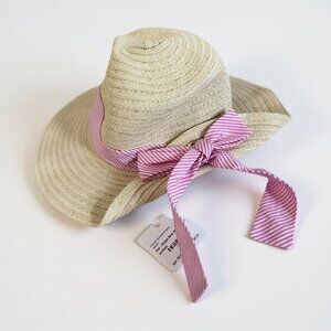 Tan hat with pink and white ribbon bow nwt